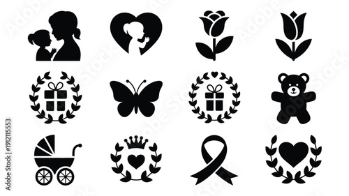 Mother's day floral silhouette logo bundle with hearts gifts and teddy bear icons for greeting cards and advertising