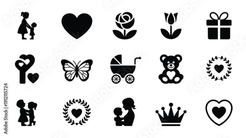 Mother's day black silhouette logo bundle with hearts flowers gifts and baby icons on white background for greeting cards and advertising