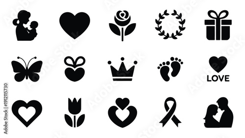 Mother's day silhouette icons set hearts flowers gifts love symbols and family silhouettes for greeting cards and celebratory materials