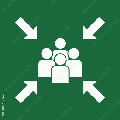 Emergency assembly point sign with five white stylized people icons and four inward-pointing arrows on a green background.