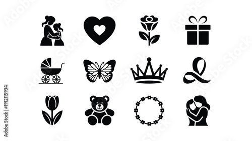 Vector logo bundle featuring 12 icons for baby shower birthday love gift and celebration themes in black on white background