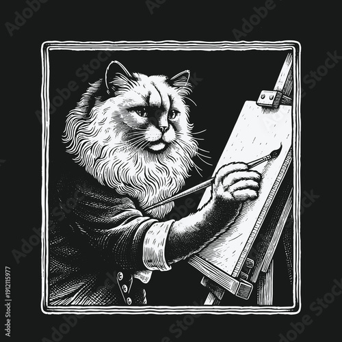 Artistic Feline: A Cats Creative Pursuit in Detailed Black and White.