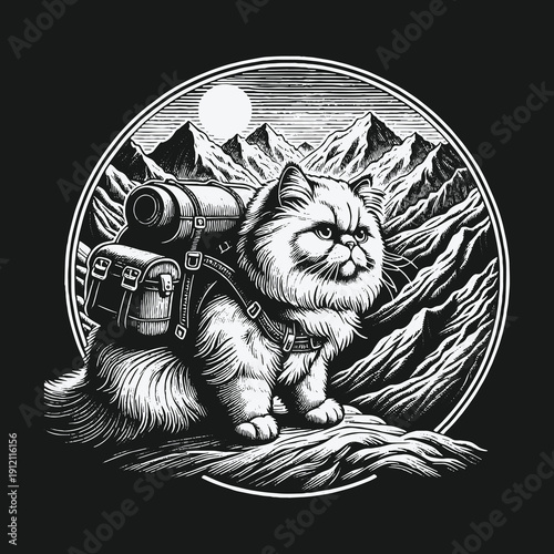 Adventurous Persian Cat Hiking in the Mountains Illustration.