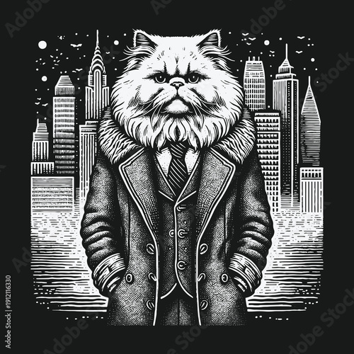 Sophisticated Feline: A Cat in a Suit Against a Cityscape.