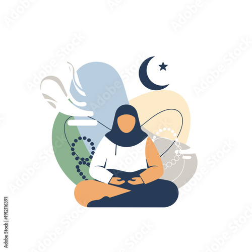 Woman in hijab reading book with crescent moon symbol