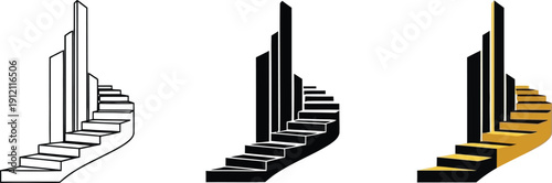 Set of spiral staircase icons in outline silhouette and gold styles representing progress and upward movement for architectural or conceptual designs
