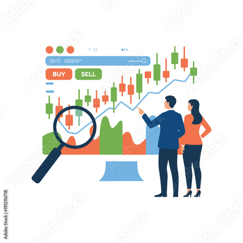Online Stock Trading Analysis with Buy Sell Signals and Business Team Illustration