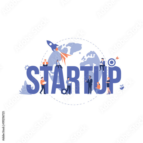 Startup Business Launch Concept with Rocket and Teamwork Illustration
