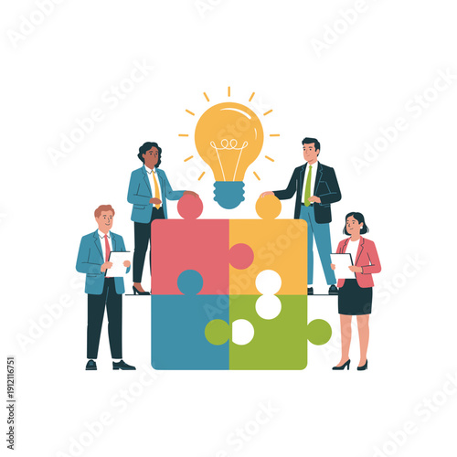 Business Team Connecting Puzzle Pieces with Light Bulb Idea Concept Illustration