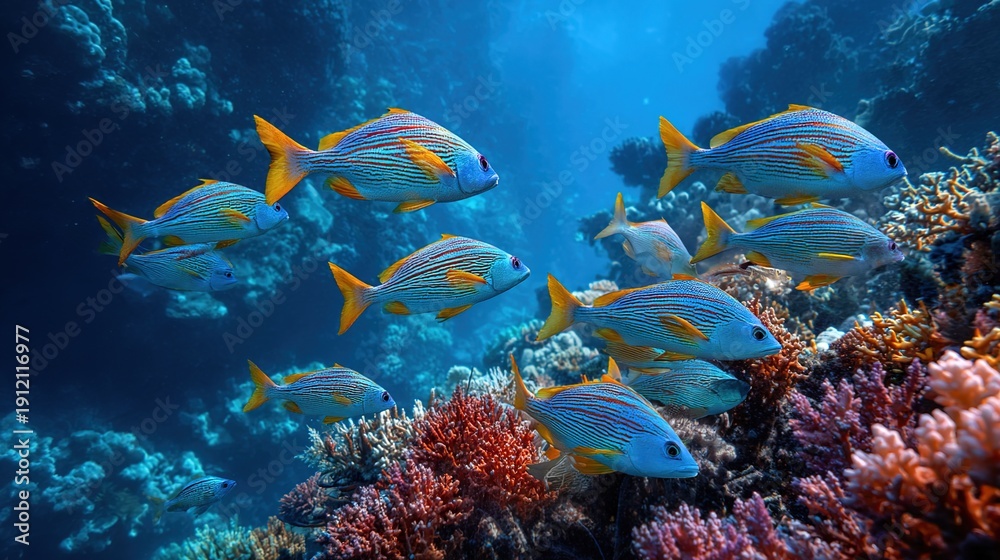 Obraz premium Aquatic Ballet: A vibrant school of fish glides gracefully through a colorful coral reef, creating a mesmerizing underwater spectacle of life and movement.