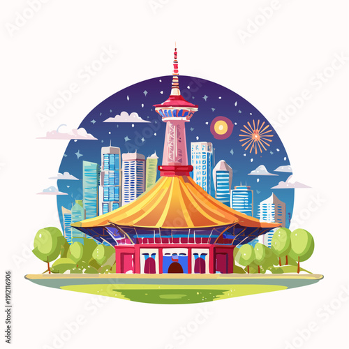 Vibrant illustration of a traditional Chinese pavilion in a modern cityscape at night.