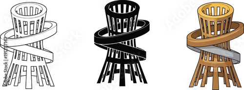 Three stylized basket-like structures with swirling bands representing different design options for a unique object isolated on white