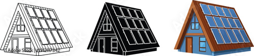 Collection of A-frame house icons with solar panels representing sustainable energy and eco-friendly living concepts for graphic design