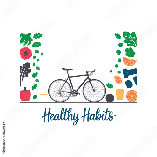 Healthy habits concept with bicycle, fruits, vegetables and fitness lifestyle illustration