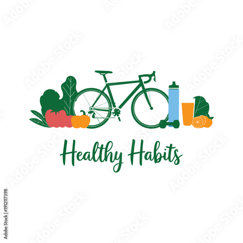 Healthy habits lifestyle illustration with bicycle, vegetables and fitness items