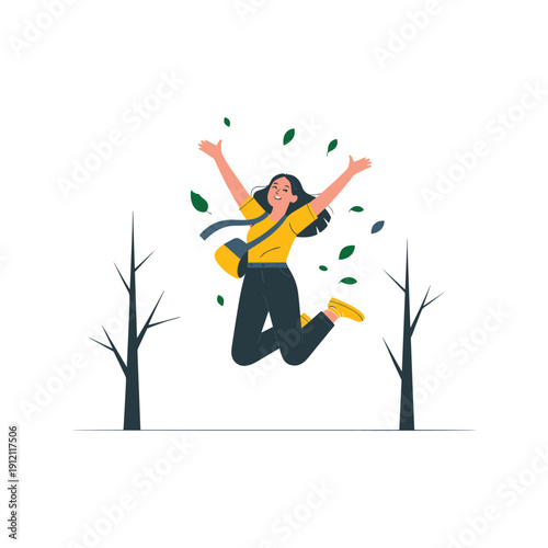 Happy Woman Jumping with Leaves Between Trees Flat Vector Illustration