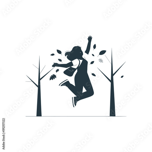 Silhouette of Happy Woman Jumping Between Trees with Falling Leaves