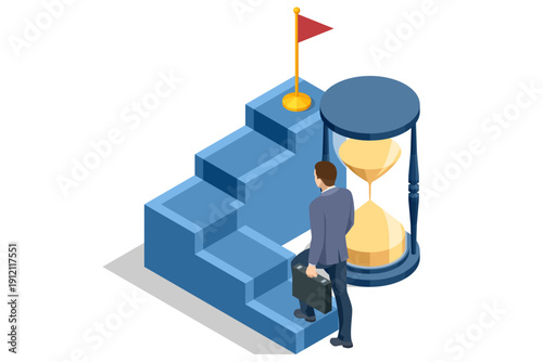 Isometric career ladder beside giant hourglass. Business goal, time limit and achievement deadline concept illustration.