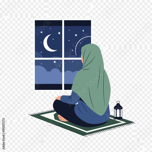 Woman praying on rug by window at night.