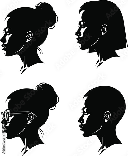 Minimalist black silhouette portraits of diverse individuals with unique hairstyles and accessories, modern vector illustration highlighting personal style, identity, diversity, and fashion trends.