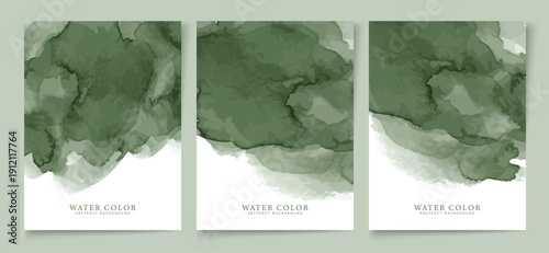 Collection of three elegant vertical watercolor wash banners featuring deep, muted olive green abstract textures perfect for modern design projects.