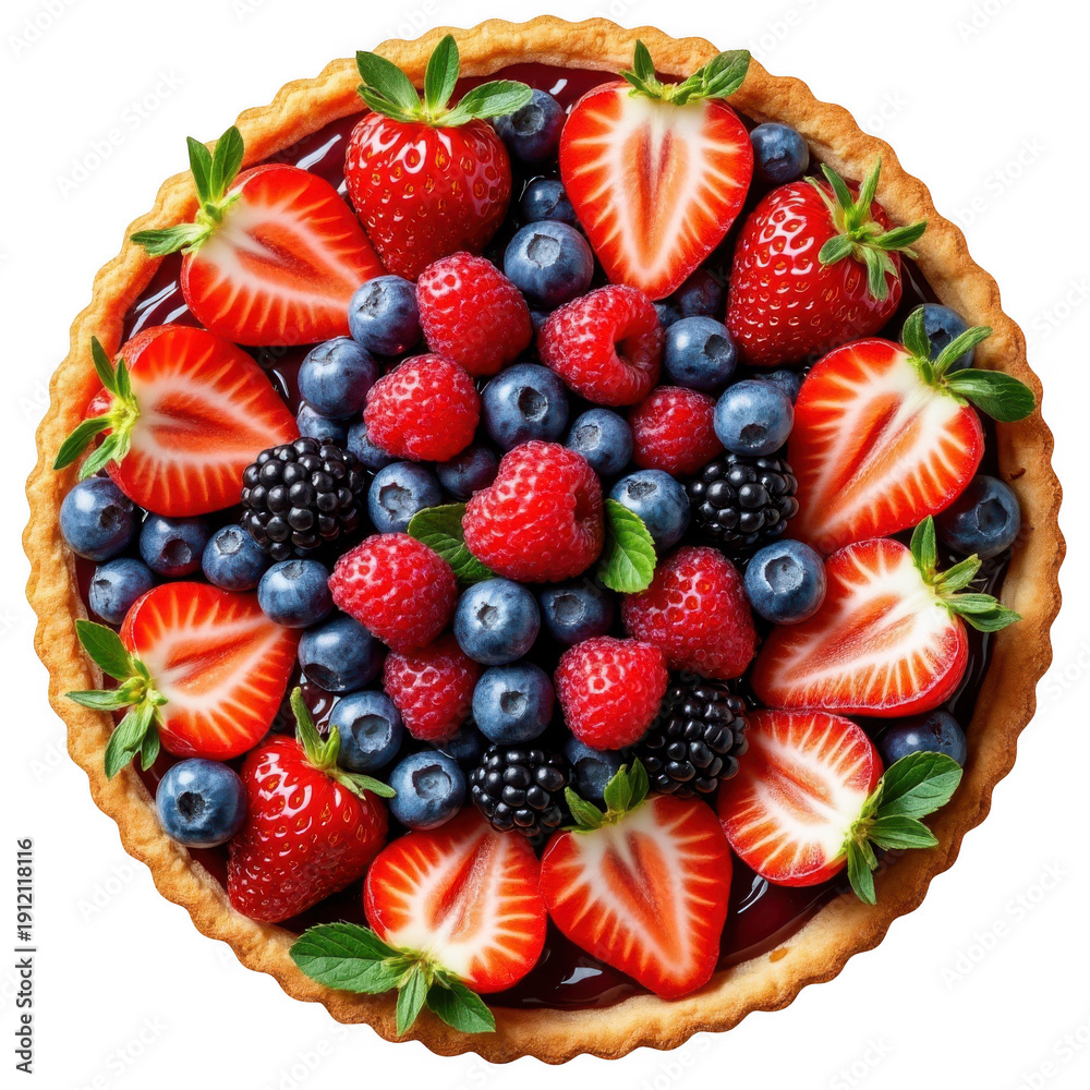 Obraz premium A vibrant and colorful fruit tart topped with fresh berries and a creamy filling isolated on transparent background
