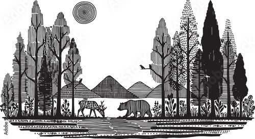 black and white illustration of bear and deer in forest