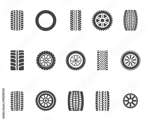 Tires and wheel disks auto service vector icons set, isolated illustrations for car maintenance, repair shops, automotive industry, transportation, vehicle care, and mechanical design projects.