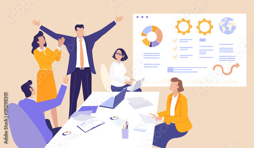 A powerful business team of leaders celebrating victory, success, authority, ambition, teamwork, confidence, and strong leadership driving corporate achievement and growth.