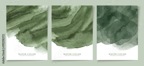 Trio of elegant vertical abstract watercolor art prints featuring layered deep olive green washes with crisp white space for modern decor.