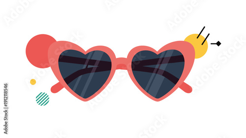 Trendy pink heart-shaped sunglasses with dark lenses surrounded by playful abstract geometric shapes.