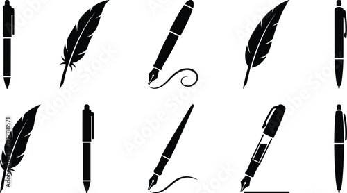 Writing tool silhouette vector set, minimalist black icons of pens, quills, and stylized motion lines