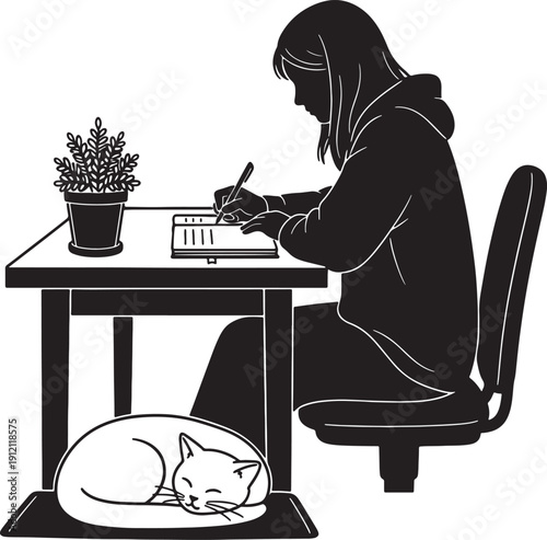 Woman sitting at desk with cat writing in notebook