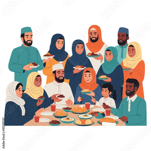 Diverse family gathering around a table with food.