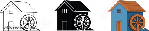 Valokuva Collection of watermill icons representing different styles from outline to flat