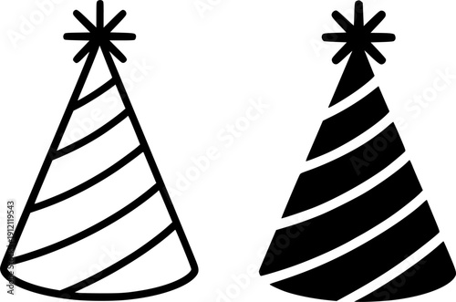 Icon for birthday, vector illustration of birthday hat, black and white in outline and silhouette design style