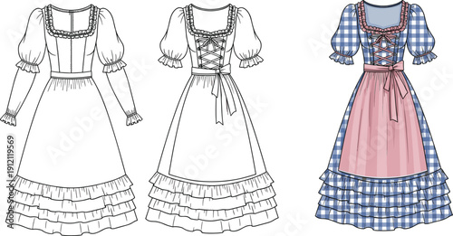 Collection of traditional German dirndl dresses showcasing front and back views with detailed embroidery and apron in both outline and colored versions for cultural fashion