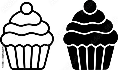 Icon for birthday, vector illustration of cupcake, black and white in outline and silhouette design style