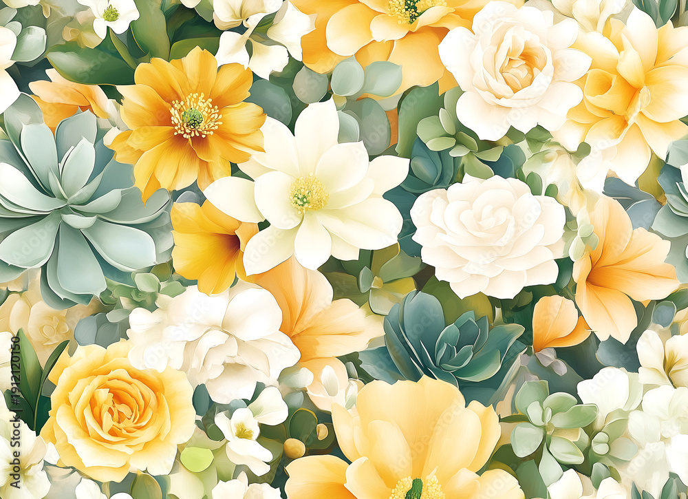 Obraz premium Seamless Floral Pattern with Yellow Roses and Succulents on White Background Lush Summer Garden Illustration with Crowded Yellow and White Blooms and Green Foliage