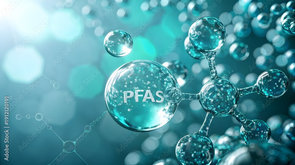 Obraz premium PFAS Molecule Close-Up in Water – Forever Chemicals Contamination Concept, Molecular Structure, Environmental Pollution, Scientific Background, Aqua Blue Macro Bubbles