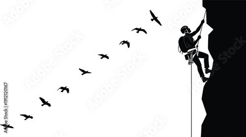 Black Silhouette of Man Rock Climbing on Steep Cliff Wall with Safety Rope and Harness with Birds Flying Background for Extreme Sports Adventure Concept