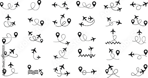 Airplane Flight Path Illustration, Travel Route Destinations, World Map Tracking, Aviation Tourism Icons, Aircraft Navigation Points, Global Vacation Trip Journey Vectors