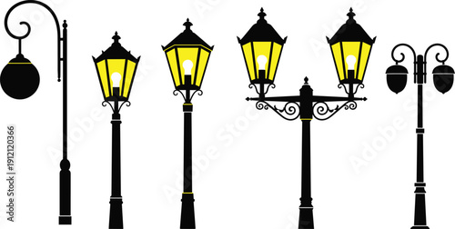 Antique street lanterns, retro garden lamps, outdoor park lights, urban lighting post, vector illustration, black silhouette collection, yellow glass design illumination