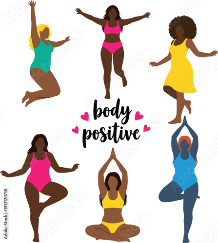 Collection of body positive women silhouettes, diverse curvy girls in swimwear and yoga poses, happy female empowerment vector illustration.