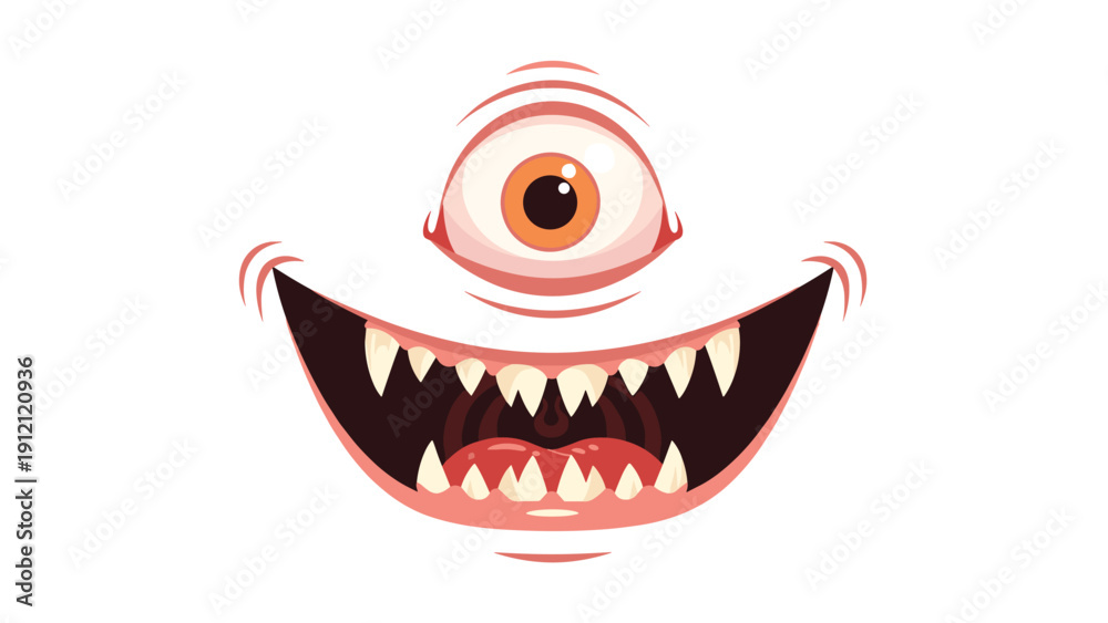 Naklejka premium Playful illustration of a one-eyed monster face with a wide toothy grin and sharp fangs on a white background.