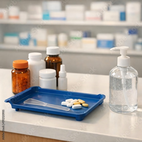 Modern Pharmacy Counter with Generic Medicine Bottles, Pharmacy Service Desk, Prescription Pickup Concept at Pharmacy Counter, Pharmacy Counter Background.
