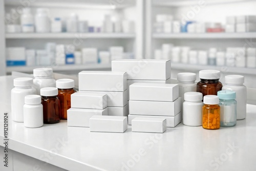 Modern Pharmacy Counter with Generic Medicine Bottles, Pharmacy Service Desk, Prescription Pickup Concept at Pharmacy Counter, Pharmacy Counter Background.
