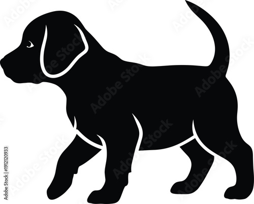 Cute puppy dog silhouette, black vector illustration, walking pet animal, labrador retriever profile, domestic canine side view, isolated icon