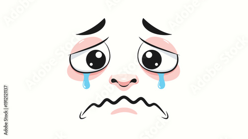 Emotional illustration of a sad face with large teary eyes and a trembling mouth expressing grief and sorrow.