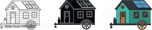 Collection of tiny house icons with solar panels representing sustainable living and mobile homes isolated on white background
